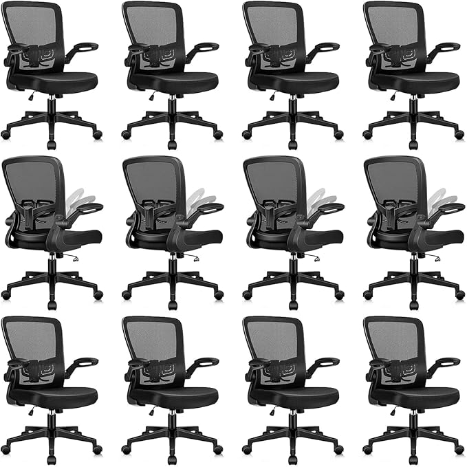 KLASIKA Desk Chairs with Wheels, Ergonomic Mesh Office Chair Adjustable Height and Swivel Lumbar Support Home Office Chair with Flip Up Armrests, Set of 12