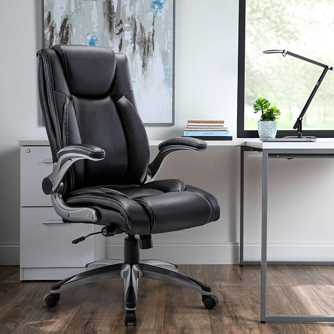 MALOL Executive Office Ergonomic Chair with Thick Bonded Leather, Flip-up Armrests, High Back Adjustable Height and Tilt for Working, Study, Gaming
