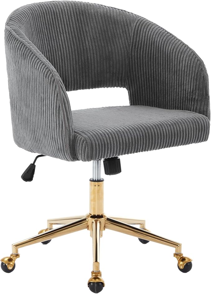 KCC Home Office Chair Swivel Desk Chair Accent Armchair Upholstered Modern Tufted Chairs with Gold Base for Girls Women Ergonomic Study Seat Computer Task Stools, with Wheels, Corduroy,Gray