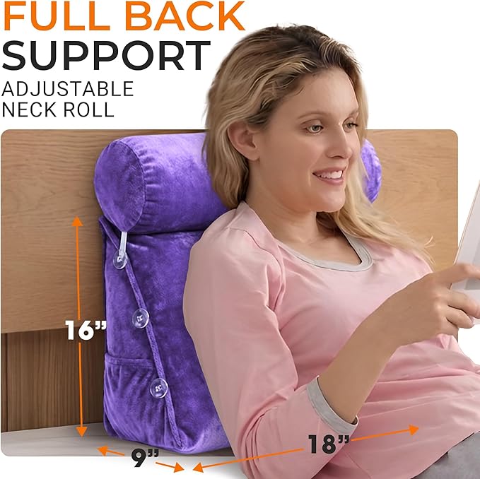 Cheer Collection Reading Wedge Pillow - Adjustable Wedge Reading Pillow with Neck Support, Hollow Fiber-Filled Backrest Pillow for Reading, Gaming, and TV Watching, Purple