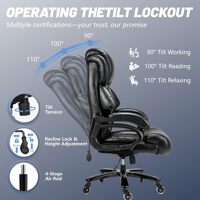 Big and Tall Office Chair 800lbs- High Back Executive Computer Chair for Heavy People with Adjustable Lumbar Support and Quiet Wheels- Large Desk Chair for Home Office (Black)