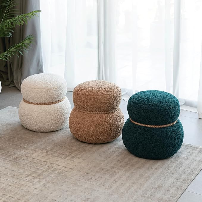 14.56" Snowman Shape Ottoman, Small Foot Stool, Cute Teddy Pouf Footrest, Foot Rest for Couch Sofa, Modern Soft Round Boucle Ottoman Under Desk for Living Room,Apartment,Small Space (Green)