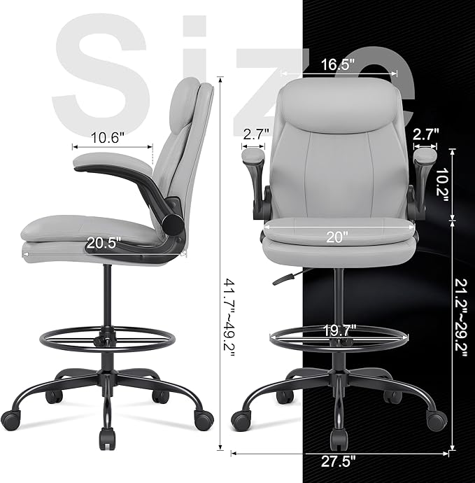 Misolant Leather Drafting Chair, Tall Office Chair for Standing Desk, High Executive Office Chair with Adjustable Height and Flip-up Armrest for Counter Height Desk
