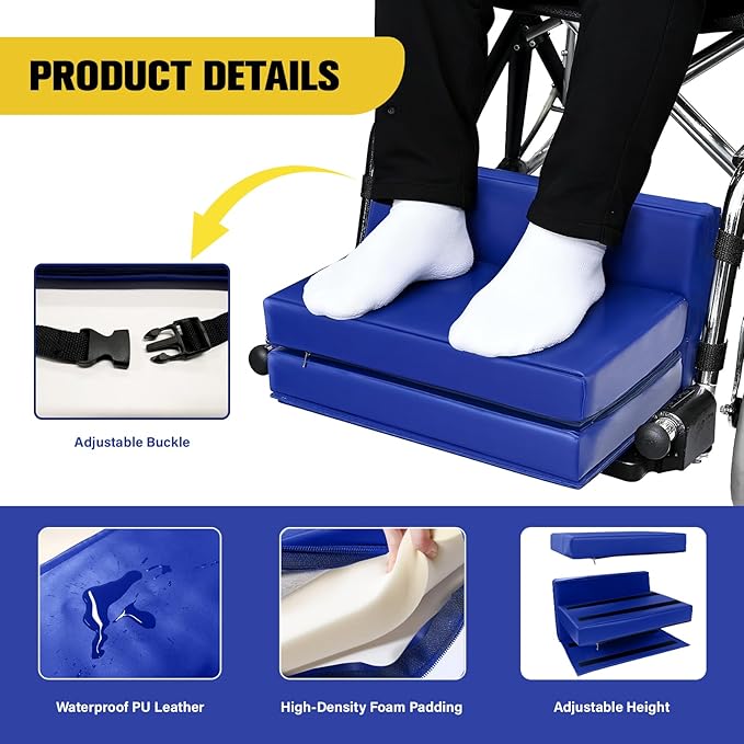 JZHLLA Adjustable Wheelchair Footrest High Density Foam Wheelchair Leg Rest Waterproof PU Leather Wheelchair Foot Support Soft Leg Cushion Protector for Home Hospital