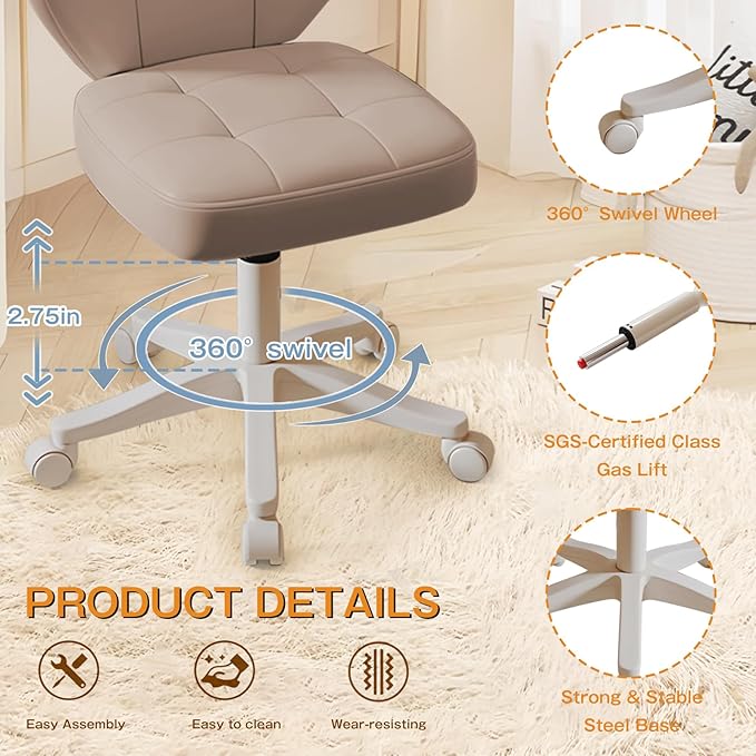 Vanity Chair with Back – Small Armless Office Chair with Wheels, Lumbar Support, PU Leather, Adjustable Height, 360° Swivel for Home, Bedroom, Office (Khaki Set of 1)