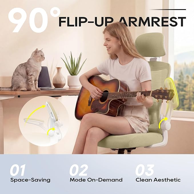 Office Chair, Ergonomic Mesh Desk Chair with Adjustable Lumbar Support and Headrest, Flip-up Armrests, High Back Computer Task Chair for Home and Executive Office (W-All Beige)
