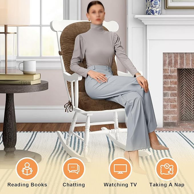 Rocking Chair Cushion - Chenille Fabric, High-Density Sponge, Durable Comfort Non-Slip Bottom Tufted Seat Pads with Ties, Chenille︱Brown, 44x19x4 inch
