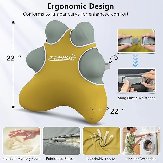 Lumbar Support Pillow for Chair, Ergonomic Back Cushion for Office, Home & Car Seat - Memory Foam Adjustable Backrest with Breathable Mesh Cover, Relieves Lower Back Pain (Yellow)