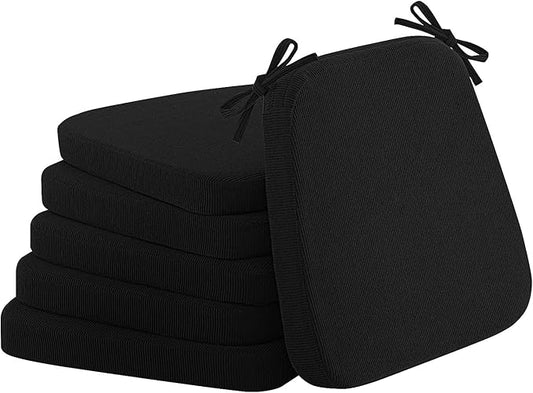 2'' Thick High-Density Foam Indoor Chair Cushions | Dining Chair Pads with Ties, Removable Washable Cover, Kitchen Chair Cushions 17"x16", Black 6 Pack