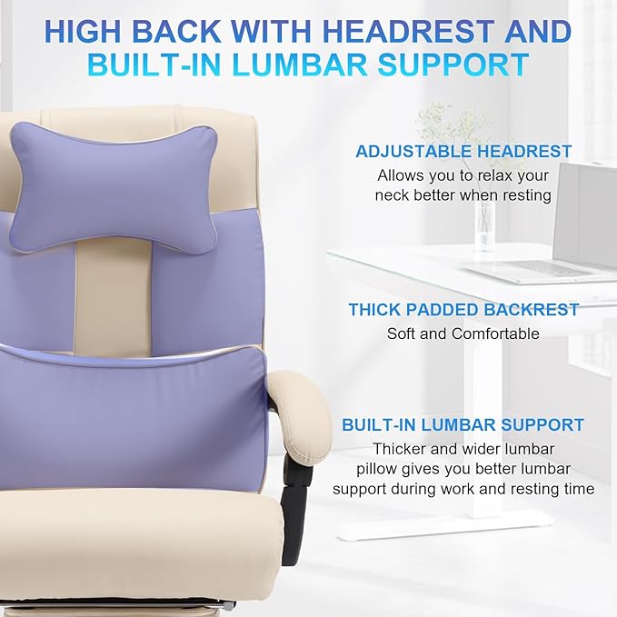 Fully Reclining Office Chair with Foot Rest, Ergonomic Executive Office Desk Chair with Lumbar Support and Headrest, 170° Reclining Recliner High Back Home Leather Computer Chair, Beige
