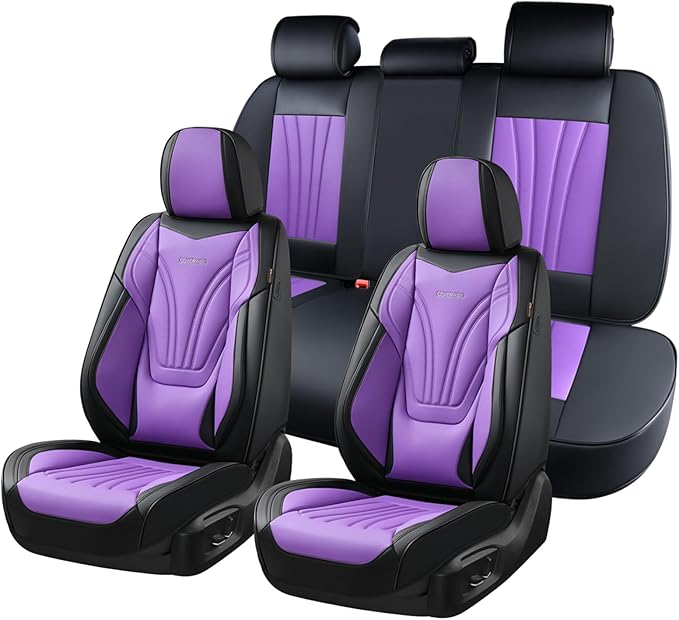 Coverado Car Seat Covers Full Set, 5 Piece Car Seat Protector with Lumbar Support & Removable Headrest, Breathable Leather Front Rear Seat Cushion Universal Fit for Truck Automotive Purple
