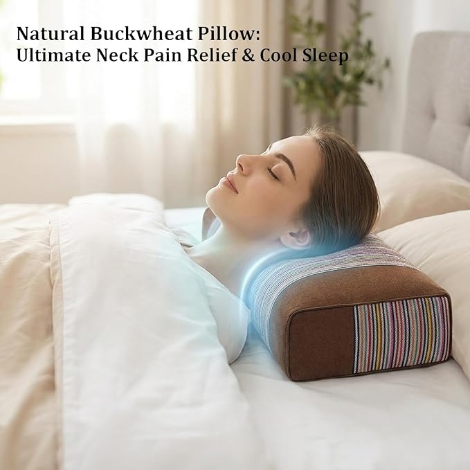 Adjustable Buckwheat Hull Pillow for Neck Pain Relief (21x8x4in) Natural Cooling Cervical Support Bed Pillow for Side & Back Sleepers with Night Sweats (Brown)