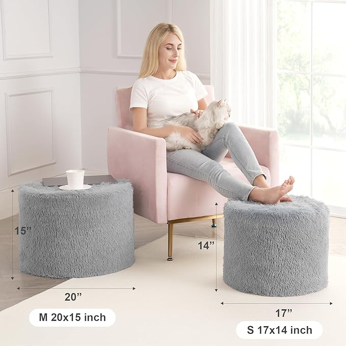 Hansleep Round Stuffed Pouf Ottoman 20 x 15, Foam Filled Faux Fur Ottoman Foot Rest for Chair with Washable Cover, Foot Stools Under Desk for Living Room & Bedroom, Grey