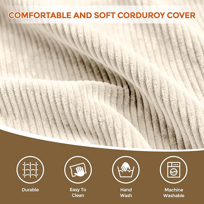 26" x 26" x 18" Pouf Ottoman Foot Rest, Pre-Stuffed Round Foot Stool with Odorless Shredded Memory Foam, Furry & Fluffy Corduroy Footrest for Living Room, Beige
