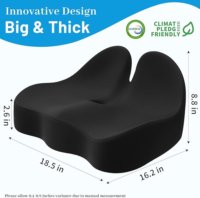 Cushzone Seat Cushion, Memory Foam Office Chair Cushions, Ergonomic Curved Design for Sciatica, Tailbone, Coccyx, Seat Support for Car, Desk Chair, Wheelchair, Enhances Long Sitting Comfort (Black)