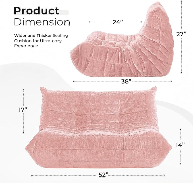 HABUTWAY Bean Bag Chair, Giant Bean Bag Chairs for Adults, Loveseat Fireside Chair, 2 Seater Lazy Bean Bag Sofa Memory Foam Couch for Living Room, Bedroom, Office (Pink)