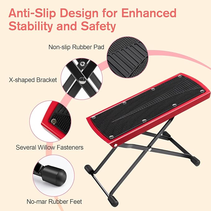 Subay Pedicure Foot Rest, 6-Height Adjustable Non-Slip Foot Stand for Easy Home Pedicures, Red