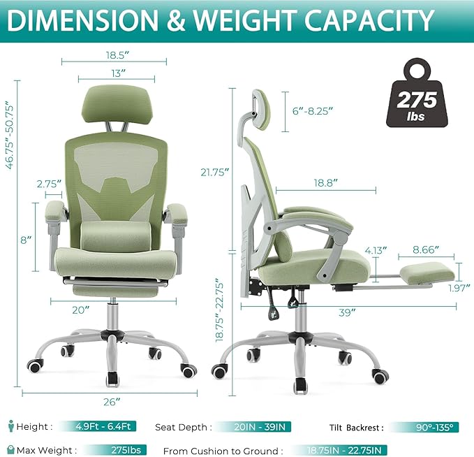 DUMOS Office Desk Chair with Footrest Ergonomic Gaming Chair for Adults Computer Mesh, Lumbar Support,Swivel Reclining with Headrest, Comfy Armrest for Home, Office, Work, Study, Light Green