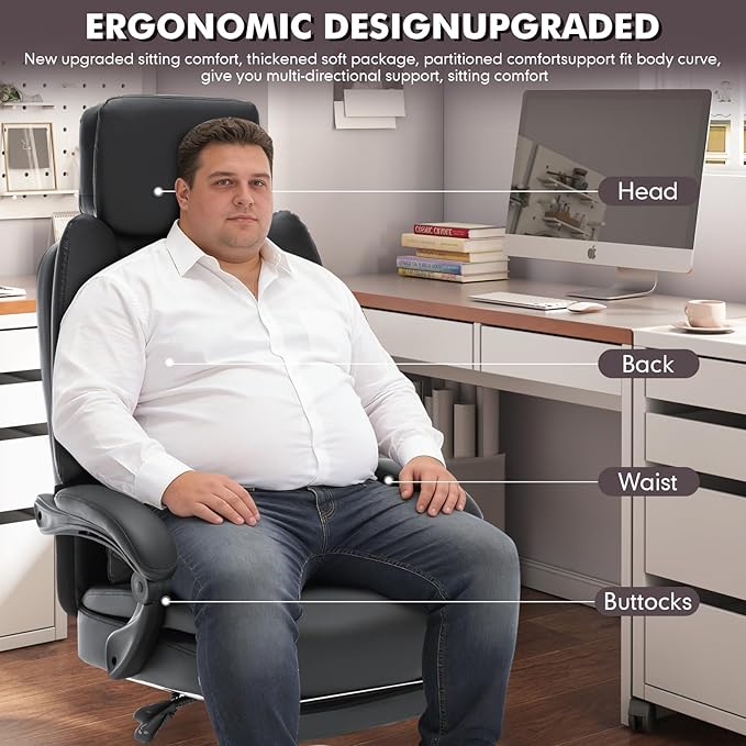 500lbs Plus Size Office Chair with Foot Rest, PU Leather Big and Tall Heavy Duty Reclining Office Desk Chair with Lumbar Support, Black