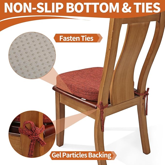 SINOSSO Thickened 2.5" Dining Chair Cushions, Soft Blended High Density Support Foam Kitchen Seat Cushions with Ties, U-Shaped Non-Slip Indoor Chair Pads, 16.5" x 16", 2 PCS, Red