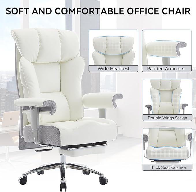 Efomao Big and Tall Office Chair 400lbs - Heavy Duty Executive Desk Chair with Foot Rest & 23" Wide Seat - High Back Ergonomic Leather Computer Chair for Heavy People, Home Office, White