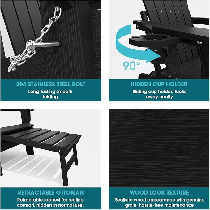THOEOE Adjustable Adirondack Chair with Retractable Ottoman, HDEP Folding Adirondack Chairs with Footrest 2-in-1 Cup Holder, All Weather Outoor Fire Pit Chair with Foot Rest Set 8 Black