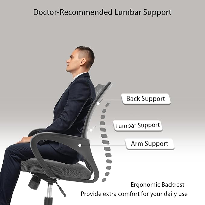 Office Computer Desk Managerial Executive Chair, Ergonomic Mid-Back Mesh Rolling Work Swivel Chairs with Wheels, Comfortable Lumbar Support & Comfy Arms, PVC Base, Gray