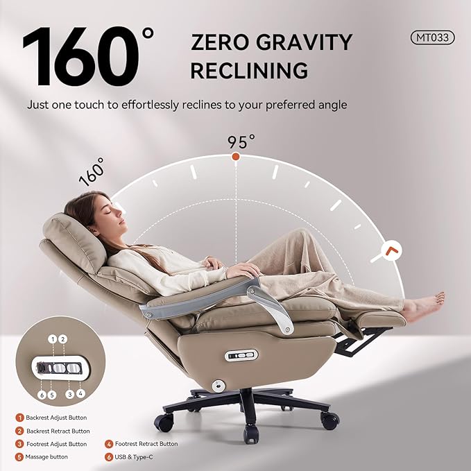 EMIAH Ergonomic Office Chair with Foot Rest Electric Executive Office Chair Reclining with Massage Big and Tall High Back Computer Chair with Wheels, Sustainable Leather（Light Khaki）