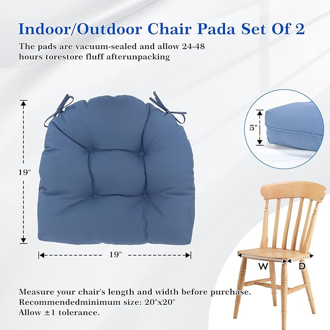 Wolfbird Outdoor Chair Cushions Set of 2 Waterproof Patio Furniture Cushions with Ties 19x19+5” Thicken Outdoor Seat Cushions Indoor/Outdoor Dining Chairs Pads FadeShield Rocking Chair Cushion, Blue