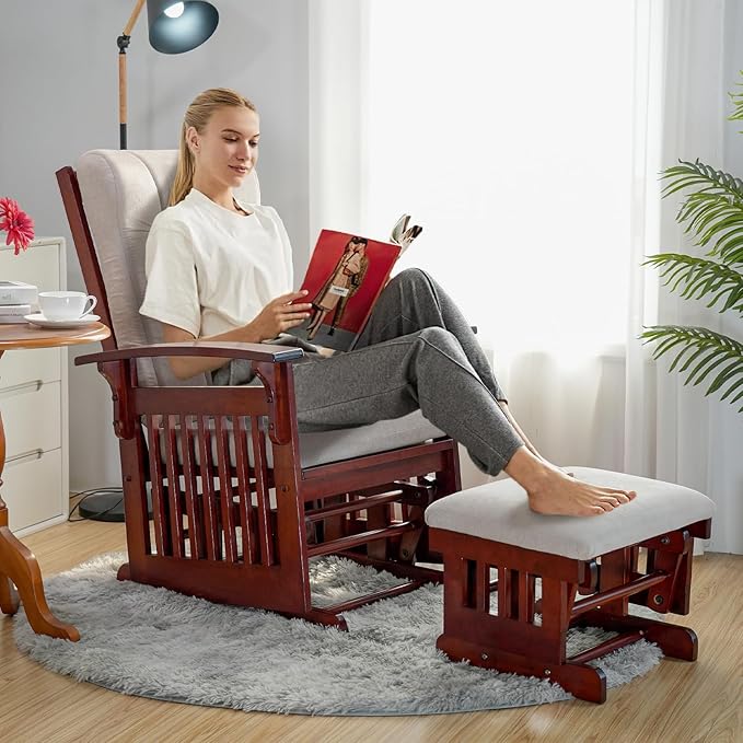 Solid Wood Glider Rocking Chair and Ottoman Set, Rustic Nursery Glider Rocker with Padded Cushion, Smooth Rocking Motion Indoor Living Room Nursing，Napping，Reading, Cream