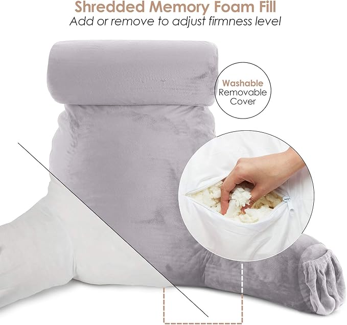 Clara Clark Reading Pillow with Shredded Memory Foam Includes 2 Neck and Lumber Support Pillows, Designed for Sitting Up in Bed and Couch, Back and Arms Adjustable Support for Adults, Grey Lavender