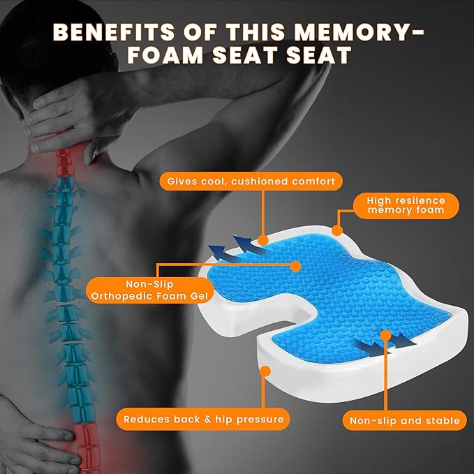 GRAND PITSTOP Gel Memory Foam Seat Cushion – Orthopedic Ergonomic Cushion for Office Chair, Car, Home & Travel – Tailbone, Sciatica & Back Pain Relief Pillow for Long Sitting Comfort