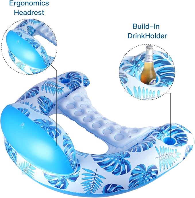 COOLCOOLDEE Pool Float with Canopy, Cup Holder - XL Pool Chair Lounge Float with Adjustable Sun Shade Cover, Drink Holder, Ergonomic Headrest,Inflatable Pool Float for Adults