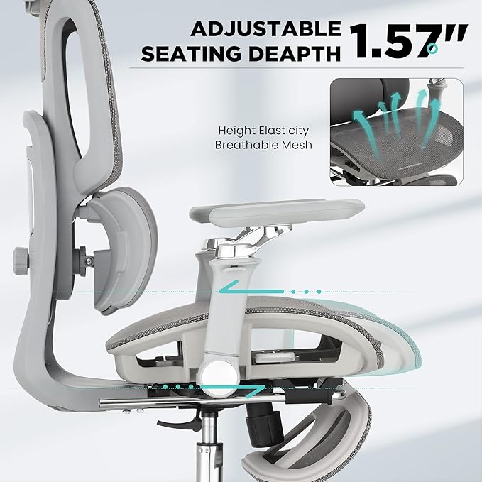 Ergonomic Office Chair with 3-Zone Dynamic Lumbar Support, Big and Tall Mesh Office Chair with Footrest, Adjustable Seat Depth,4D Headrest,6D Armrests, Swivel Executive Chair for Home Office,Grey