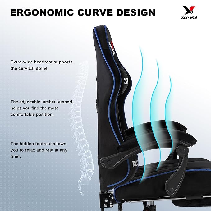 Velvet Gaming Chair, Ergonomic High Back Racing Chair with Footrest, Spring Wide Cushion, Adjustable Headrest & Lumbar Support, 90-135° Recline, 360° Swivel, 300lbs for Home Office, Blue