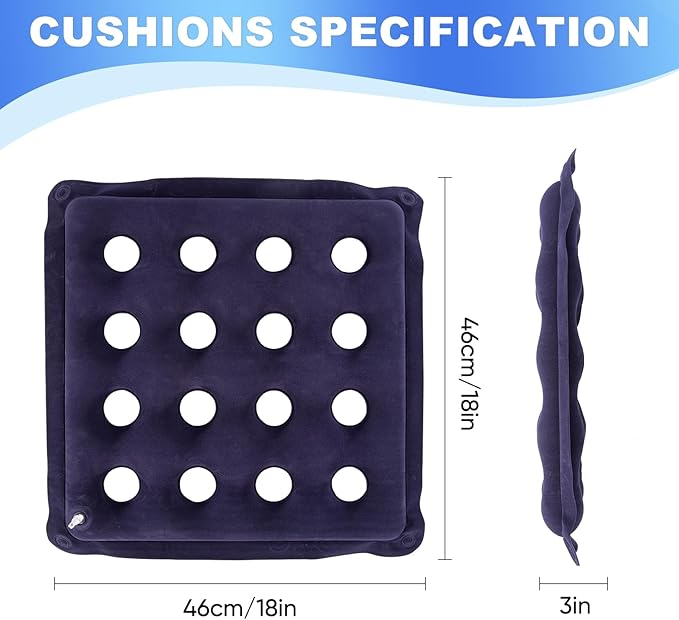 2-Pack Waffle Inflatable Seat Cushions with Pump, 18 Inch Beige 16-Hole Air Cushion for Pressure Relief, Wheelchair, Office Chair, Car Seat & Travel (Purple&Beige)