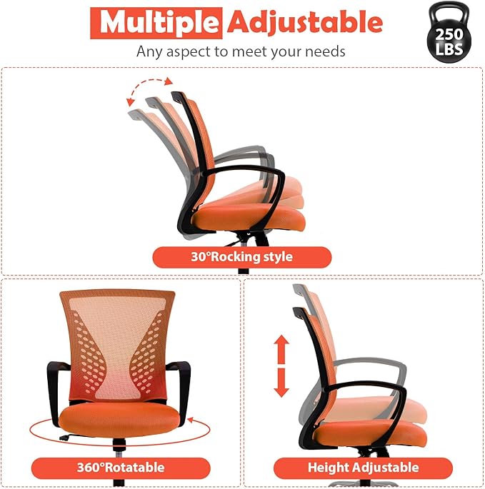 Modern Ergonomic Office Chair - Adjustable Mesh Computer Chair with Lumbar Support & Arms, Comfortable Mid Back Swivel Chair for Home Office, 360° Smooth Rolling (Orange)
