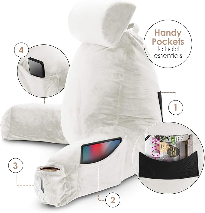 Clara Clark Reading Pillow with Shredded Memory Foam Includes 2 Neck and Lumber Support Pillows, Designed for Sitting Up in Bed and Couch, Back and Arms Adjustable Support for Adults & Teens, White