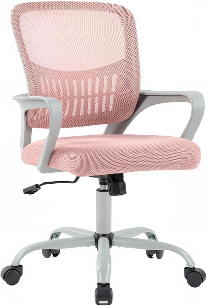 DUMOS Home Office Computer Chair - Ergonomic Mid Back Desk with Lumbar Support and Rocking Mode, Height Adjustable with Fixed Armrest, for Conference Meeting Room, 360° Swivel, Adults, Pink