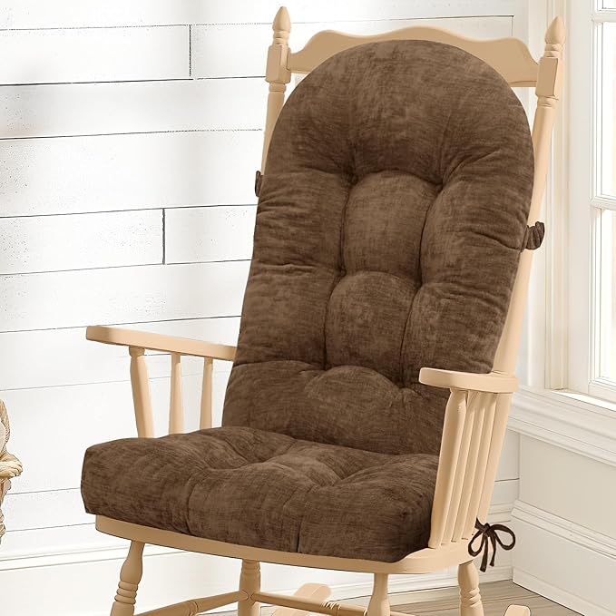 Rocking Chair Cushion - Chenille Fabric, High-Density Sponge, Durable Comfort Non-Slip Bottom Tufted Seat Pads with Ties, Chenille︱Brown, 44x19x4 inch