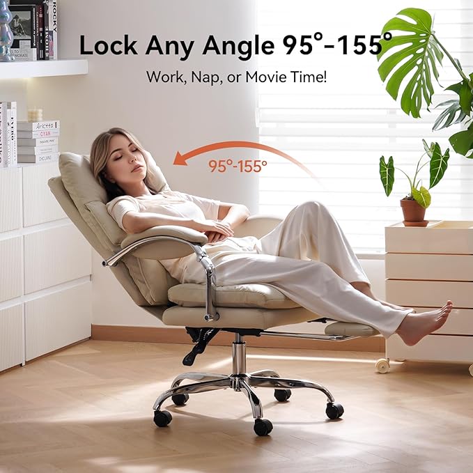 LEAGOO Office Chair with Footrest 155° Reclining Ergonomic High Back Desk Chair PU Leather Executive Computer Chair with Lumbar Support & Adjustable Arms Swivel Task Chair for Home Office, Cream White