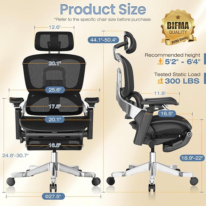 GABRYLLY Ergonomic Office Chair, Home Mesh Desk Chair with Sync Lumbar Support & Sliding Seat, 4D Arm, 150° Recline, Adjustable Back,Big & Tall Computer Chair-Footrest,Aluminum Base, Black, FLOW550