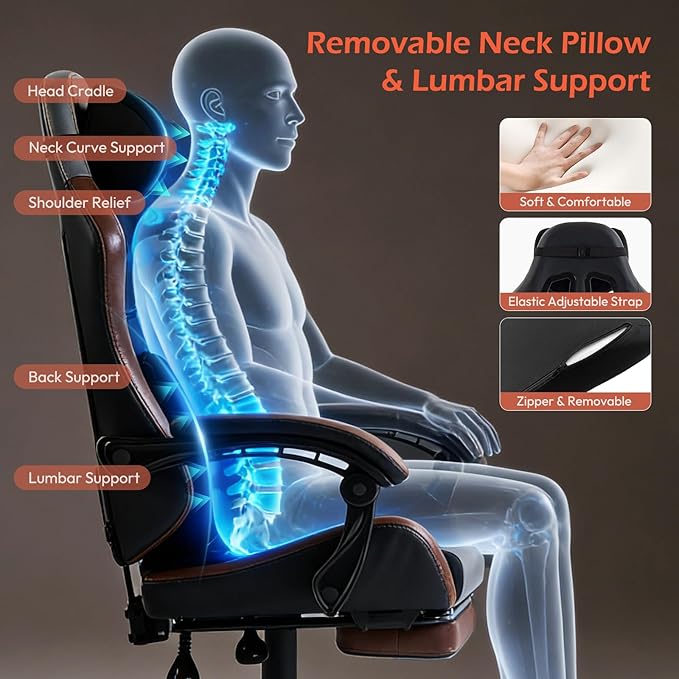 Ergonomic Gaming Chair for Adults with Footrest - PU Leather Computer Gamer Chair with Memory Foam Headrest & Lumbar Pillow, Reclining Silla Gamer Video Game Chair for Home Office, Black & Grey