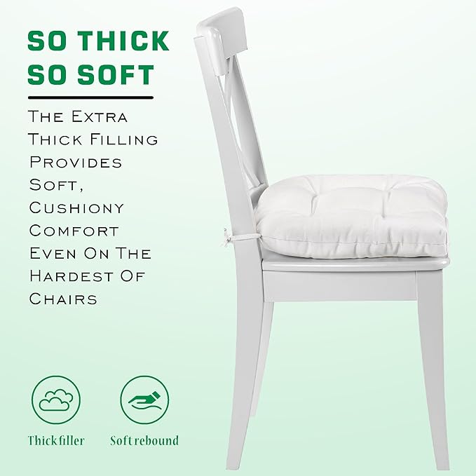 SQUARE MOON Chair Cushions for Dining Chairs, 3 Inch Thick Comfortable Kitchen Chair Pads, Dining Room Seat Cushions with Ties, Machine Washable, 17" x 16" x 3", 4/Pack, White