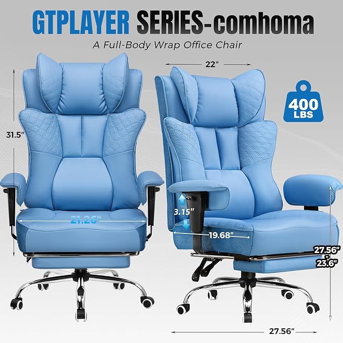GTPLAYER Big and Tall Office Chair, Wide Ergonomic Gaming Chair with Deluxe Embossing Designed Leather with Foot Rest,150°Reclining Adjustable Soft Armrests Pocket Spring Back Support and Pillow