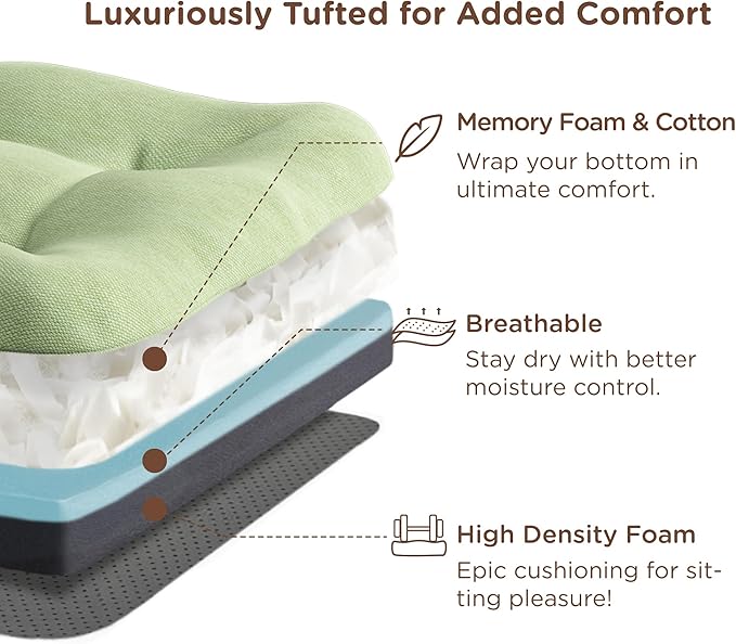 Codi Dining Chair Cushions 4 Pack, Thick Chairs Pads for Indoor Kitchen Room - Washable, Non-Slip Memory Foam Seat Cushion with Ties, 16.5"x16.5"x 3.5", Set of 4, Sage New