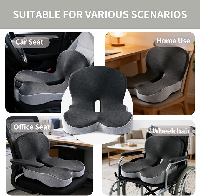 Orthopedic Cushion, L-Shaped Ergonomic Design Seat Cushion, Non Slip Memory Foam Car Cushion with Back Support for Tailbone & Hips Pain Relief, Suitable for Office, Car, Home, Long Sitting
