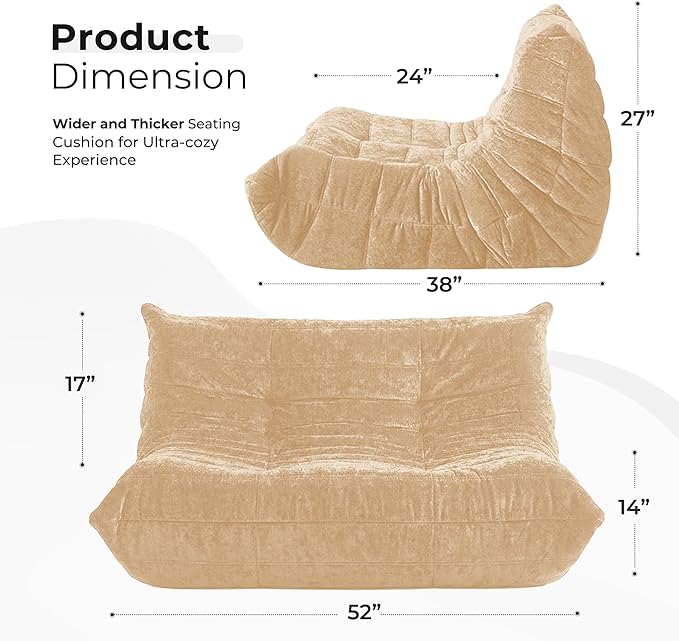 HABUTWAY Bean Bag Chair, Giant Bean Bag Chairs for Adults, Loveseat Fireside Chair, 2 Seater Lazy Bean Bag Sofa Memory Foam Couch for Living Room, Bedroom, Office (Khaki)