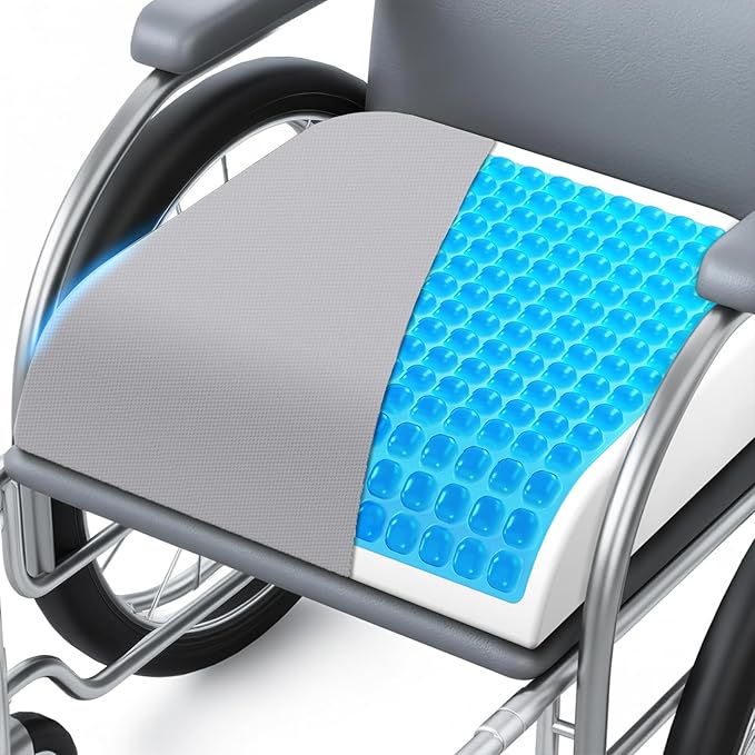 Wheelchair Seat Cushion for Pressure Relief, Cooling Gel Memory Foam Chair Cushion with Slope-Edge Design, Coccyx Support for Tailbone Pain, Non-Slip, for Wheelchairs, Office Chairs, Light Grey