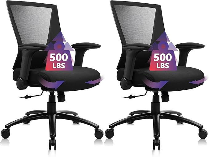 CLATINA Big and Tall Office Chair Heavy Duty Ergonomic Desk Chair 500lbs with Flip-up Arms & Wide Thick Seat Cushion Home Executive Swivel Mesh Chair for Study, Conference, Black, 2 PK